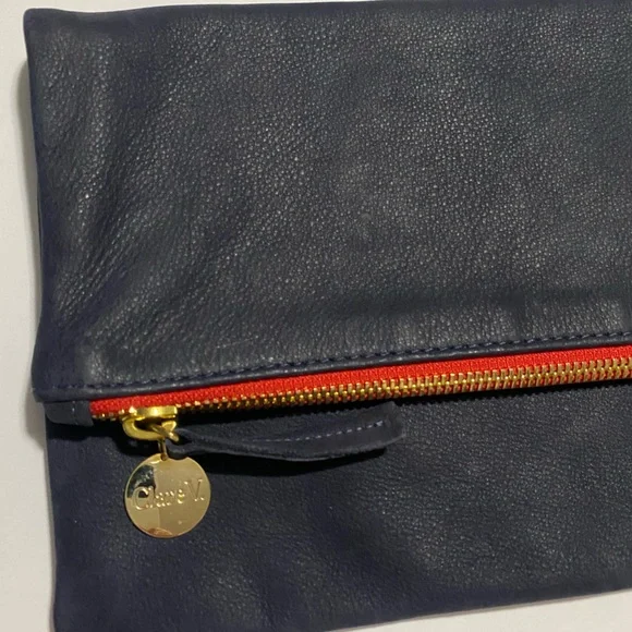 Clare V. Fold over suede leather clutch. Lined with chambray fabric. Navy - Picture 3 of 6